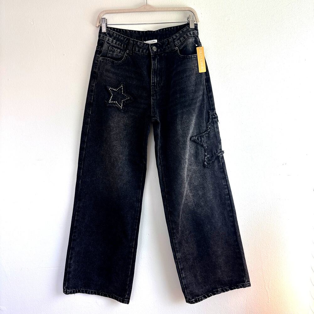 Riley & James Black Wide Leg Jeans Studded Star Distressed Size Small - Picture 1 of 7